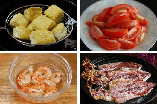 Chuẩn bị kỹ từng nguyên liệu: mỡ heo, cà chua, đậu hũ, hành, huyết… cho cách nấu bún riêu thêm trọn vị