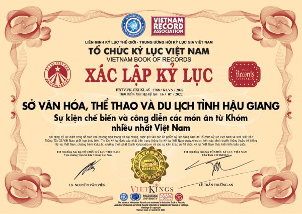 Bằng xác lập kỷ lục công nhận kỷ lục sự kiện công diễn và chế biến các món ăn từ Khóm nhiều nhất Việt Nam.